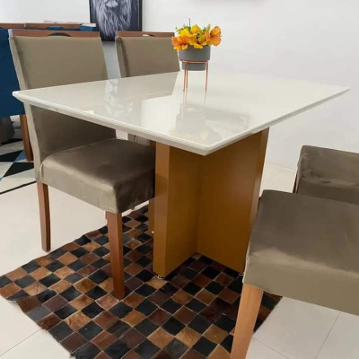 Mesa de Jantar  Base Cruz 1,20 Larg. Vidro Off White, Base Amêndoa