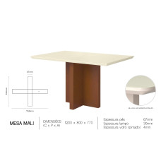Mesa de Jantar  Base Cruz 1,20 Larg. Vidro Off White, Base Amêndoa