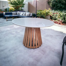 Mesa de Jantar Redonda 1,35 Diâmetro Vidro Off White, Base Champagne