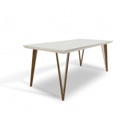 Mesa de Jantar Malu 1,80 x 1,00 Vidro Off White, Pés Cinamomo Pecan / Off White