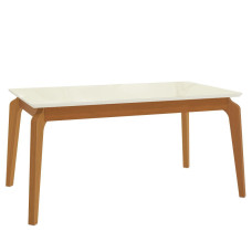 Mesa de Jantar 4 pés 1,60 x 0,90 Vidro Off White, Pés Carvalho / Off White