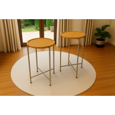Conjunto Mesa Lateral Bambu Natural / Dourado 4 pés