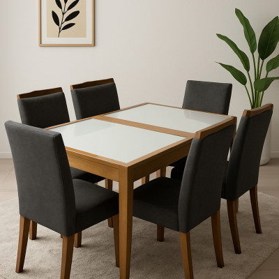 Mesa Extensível 1,10/1,60 Vidro Off White, Madeira Tauari com 4 pés