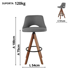 Banqueta Giratória Elena Estofada - Linho Cinza Escuro 